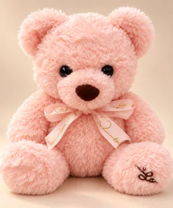 Urso de pelúcia rosa-claro de 20cm, macio, com laço decorativo cor-de-rosa com corações dourados no pescoço
